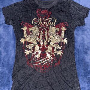 Women's Sinful Graphic Tee Black Newspaper Print Gold Red Lion Crest Size M